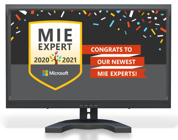 Image of computer with Microsoft Innovative Educator Expert (2020-2021) and text 'Congrats our newest MIE Expert'