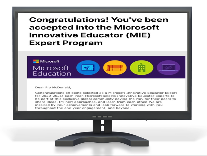 Image of a computer with Microsoft Innovative Educator Expert (MIEE) email screenshot