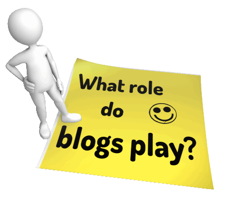 Person and post it note with smiley face and text saying 'What role do blogs play?'